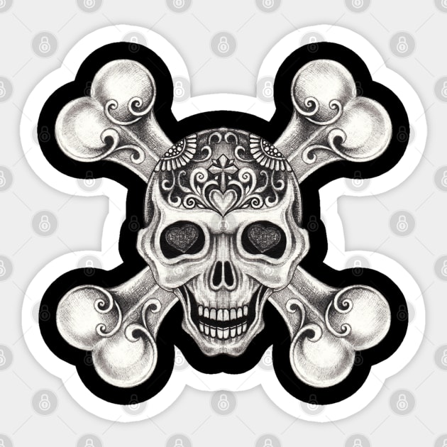 Skull and crossbone in love day of the dead design. Sticker by Jiewsurreal